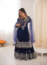 Blue Color Viscose Velvet Fabric Pearl Work Sharara Suit