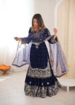 Blue Color Viscose Velvet Fabric Pearl Work Sharara Suit