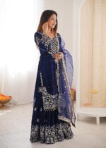 Blue Color Viscose Velvet Fabric Pearl Work Sharara Suit