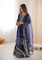 Blue Color Viscose Velvet Fabric Pearl Work Sharara Suit
