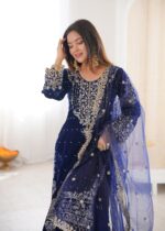 Blue Color Viscose Velvet Fabric Pearl Work Sharara Suit