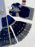Blue Color Viscose Velvet Fabric Pearl Work Sharara Suit