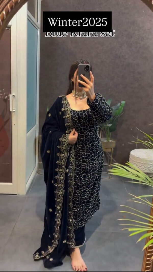 Blue Color Viscose Velvet Fabric Sequence Work Suit