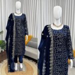 Blue Color Viscose Velvet Fabric Sequence Work Suit