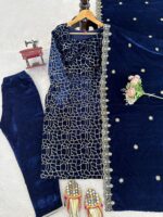 Blue Color Viscose Velvet Fabric Sequence Work Suit