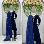 Bollywood Actress Alia Bhatt Blue Color Velvet Fabric Real Mirror Work Suit