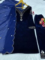 Bollywood Actress Alia Bhatt Blue Color Velvet Fabric Real Mirror Work Suit