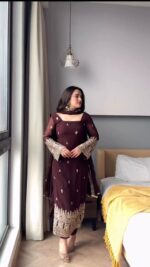 Chocolate Color Faux Georgette Fabric Sequence Work Suit