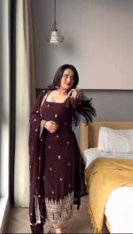 Chocolate Color Faux Georgette Fabric Sequence Work Suit