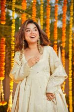 Cream Color Chinon Silk Fabric Mukaish Work Palazzo Gown