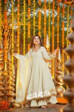 Cream Color Chinon Silk Fabric Mukaish Work Palazzo Gown