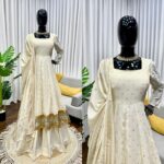 Cream Color Chinon Silk Fabric Mukaish Work Palazzo Gown