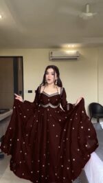 Dark Brown Color Faux Georgette Fabric Thread With Sequence Work Anarkali Suit