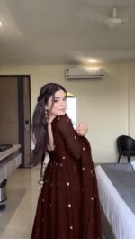 Dark Brown Color Faux Georgette Fabric Thread With Sequence Work Anarkali Suit