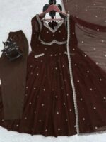 Dark Brown Color Faux Georgette Fabric Thread With Sequence Work Anarkali Suit