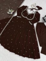 Dark Brown Color Faux Georgette Fabric Thread With Sequence Work Anarkali Suit