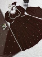 Dark Brown Color Faux Georgette Fabric Thread With Sequence Work Anarkali Suit