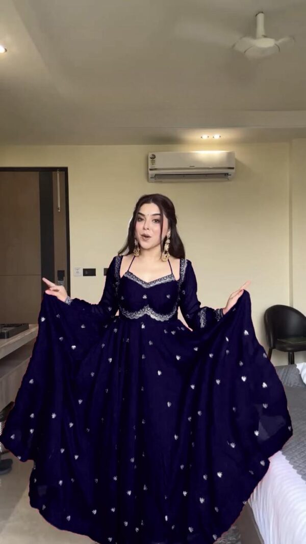 Dark Navy Blue Color Faux Georgette Fabric Thread With Sequence Work Anarkali Suit