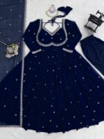 Dark Navy Blue Color Faux Georgette Fabric Thread With Sequence Work Anarkali Suit