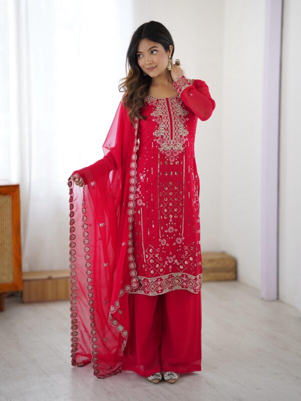 Dark Pink Color Faux Georgette Fabric Sequence Work Palazzo Suit
