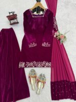 Dark Pink Color Viscose Velvet Fabric Sequence Work Sharara Set