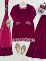 Dark Pink Color Viscose Velvet Fabric Sequence Work Sharara Set