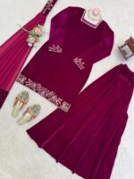 Dark Pink Color Viscose Velvet Fabric Sequence Work Sharara Set