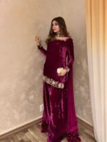 Dark Pink Color Viscose Velvet Fabric Sequence Work Sharara Set