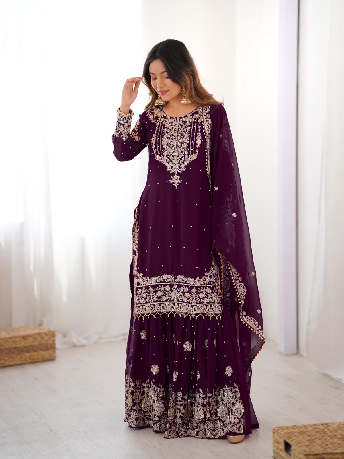 Dark Purple Color Faux Georgette Fabric Sequence And Thread With Pearl Work Sharara Set