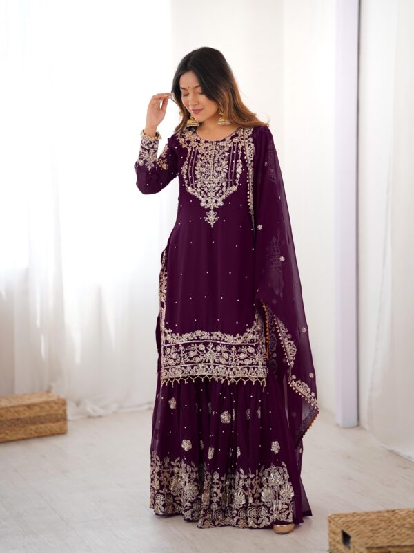 Dark Purple Color Faux Georgette Fabric Sequence And Thread With Pearl Work Sharara Set