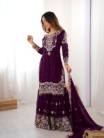 Dark Purple Color Faux Georgette Fabric Sequence And Thread With Pearl Work Sharara Set