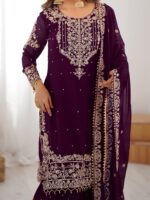 Dark Purple Color Faux Georgette Fabric Sequence And Thread With Pearl Work Sharara Set