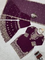 Dark Purple Color Faux Georgette Fabric Sequence And Thread With Pearl Work Sharara Set