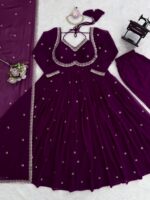 Dark Purple Color Faux Georgette Fabric Thread With Sequence Work Anarkali Suit
