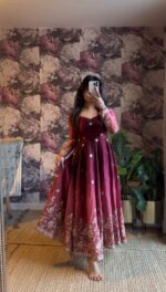 Dual Shade Color Chinon Silk Fabric Sequence Work Anarkali Suit