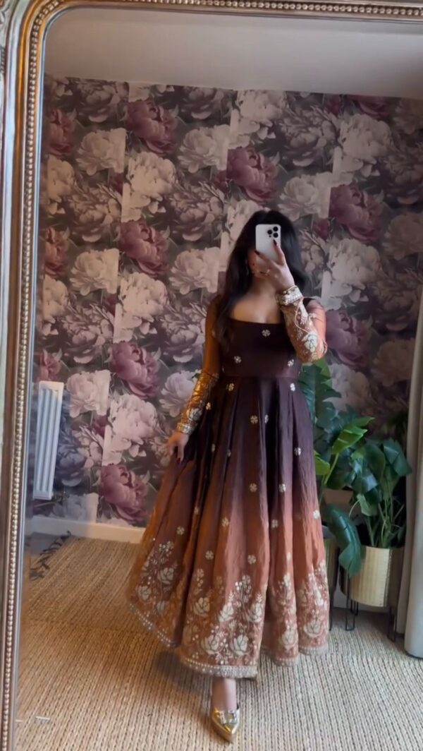 Dual Shade Color Chinon Silk Fabric Sequence Work Anarkali Suit