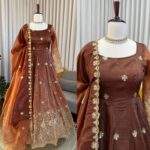 Dual Shade Color Chinon Silk Fabric Sequence Work Anarkali Suit