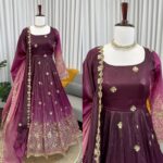 Dual Shade Color Chinon Silk Fabric Sequence Work Anarkali Suit