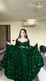 Green Color Faux Georgette Fabric Thread With Sequence Work Anarkali Suit