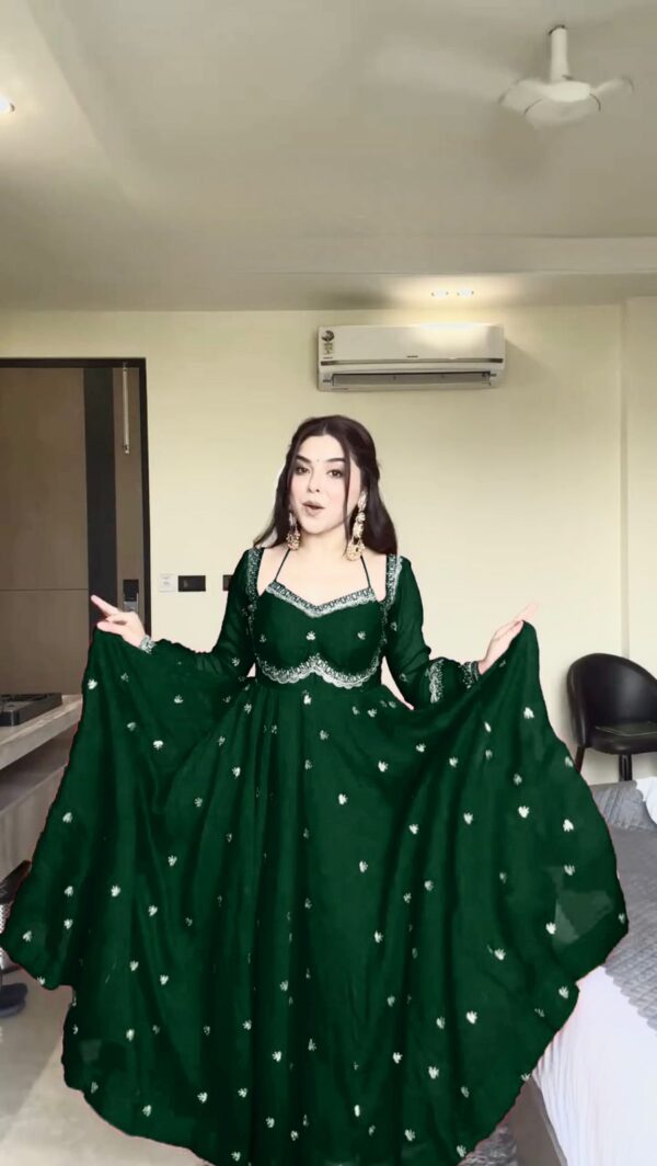 Green Color Faux Georgette Fabric Thread With Sequence Work Anarkali Suit