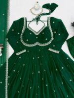 Green Color Faux Georgette Fabric Thread With Sequence Work Anarkali Suit