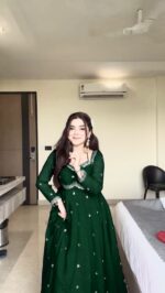 Green Color Faux Georgette Fabric Thread With Sequence Work Anarkali Suit