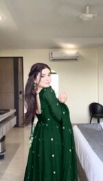 Green Color Faux Georgette Fabric Thread With Sequence Work Anarkali Suit