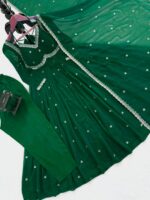 Green Color Faux Georgette Fabric Thread With Sequence Work Anarkali Suit