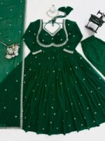 Green Color Faux Georgette Fabric Thread With Sequence Work Anarkali Suit