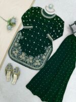 Green Color Viscose Velvet Fabric Pearl Work Palazzo Suit