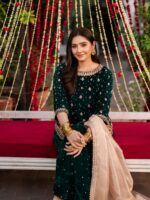 Green Color Viscose Velvet Fabric Pearl Work Palazzo Suit