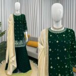 Green Color Viscose Velvet Fabric Pearl Work Palazzo Suit
