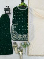 Green Color Viscose Velvet Fabric Pearl Work Palazzo Suit