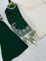 Green Color Viscose Velvet Fabric Pearl Work Palazzo Suit